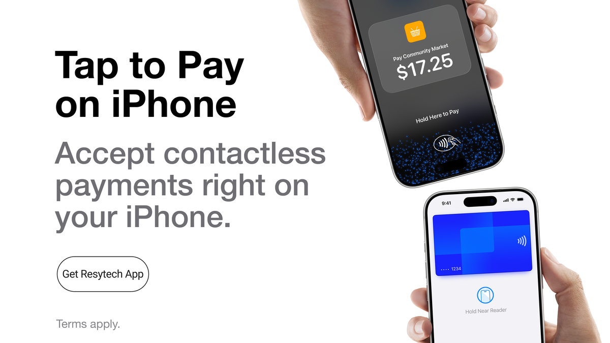 Tap to Pay on iPhone accepting a payment from a customer's iPhone using Apple Pay, held near the top of the merchant's iPhone