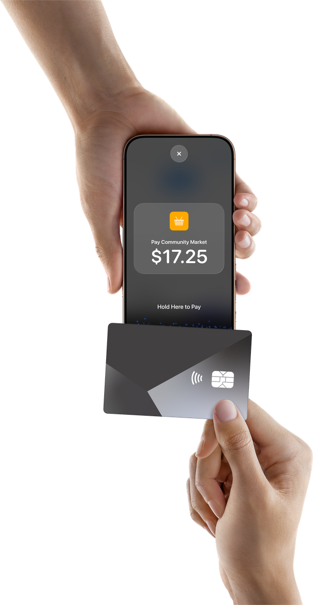 A contactless card held against the top of an iPhone, which shows the Tap to Pay on iPhone payment screen with the amount due
